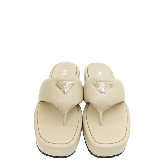Prada Beige Soft Padded Nappa Thong Wedge Sandals 39