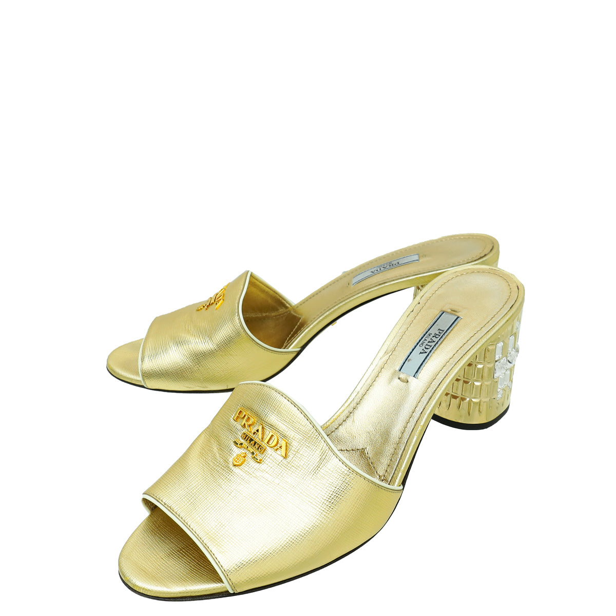 Prada Gold Logo Crystal Block Heels Mules 40