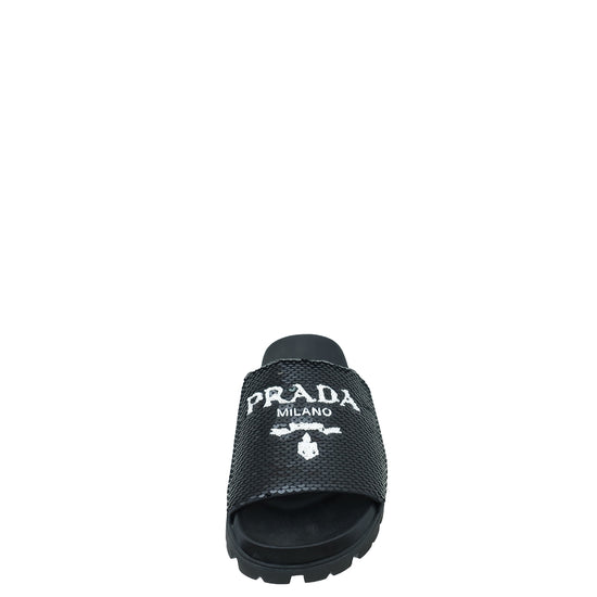 Prada Black Paillettes Sequin Logo Slide Sandals 36