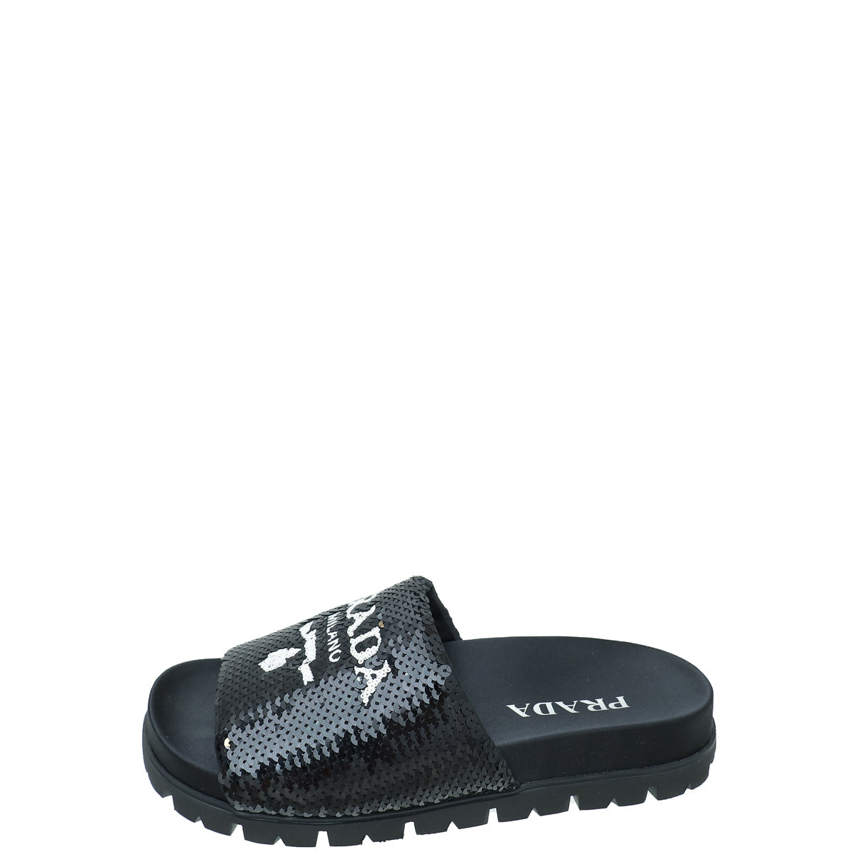 Prada Black Paillettes Sequin Logo Slide Sandals 36
