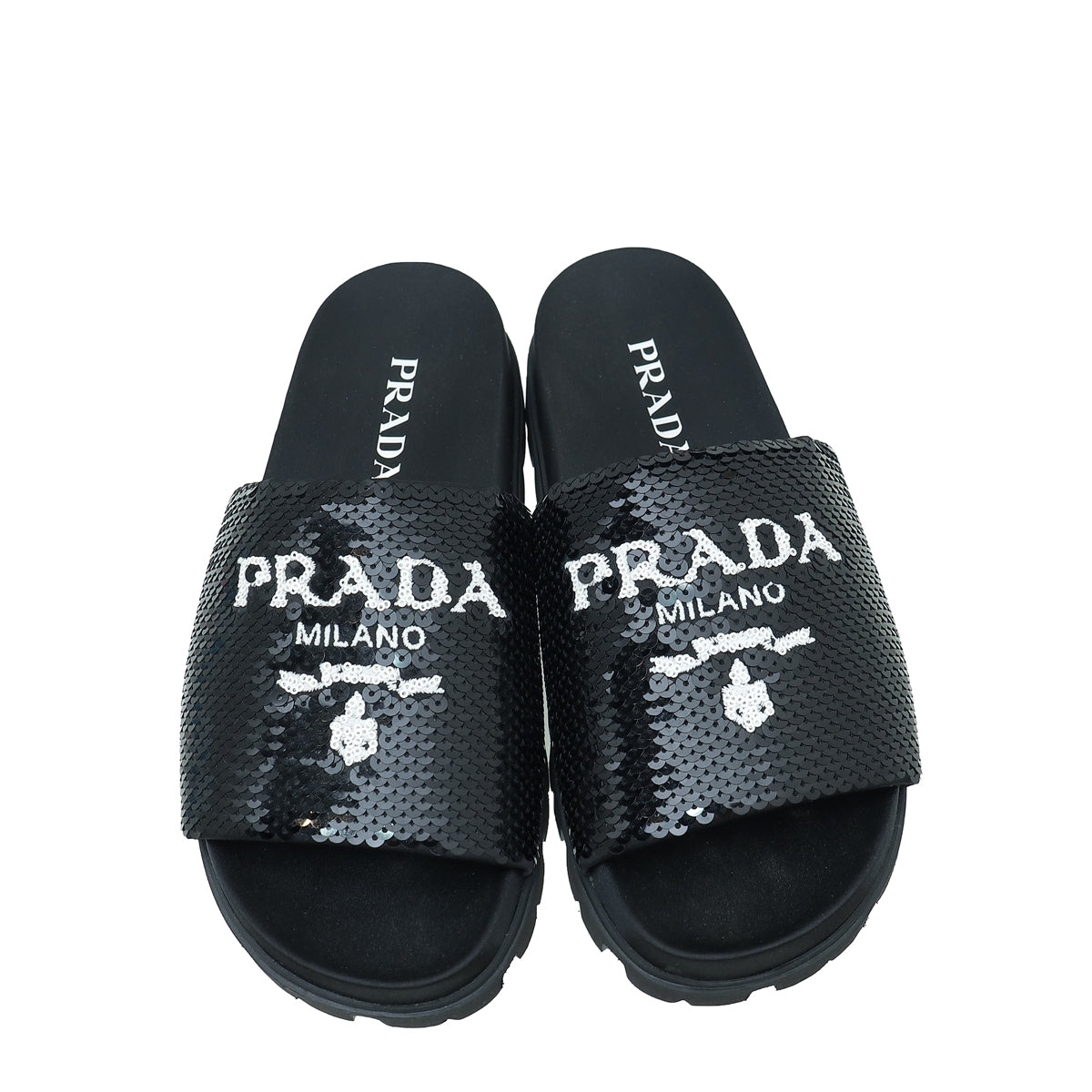 靴 Prada Black Sequin Sandals 36 Prada Black Paillettes Sequin Logo Slide Sandals 36 – THE CLOSET