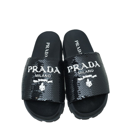 Prada Black Paillettes Sequin Logo Slide Sandals 36