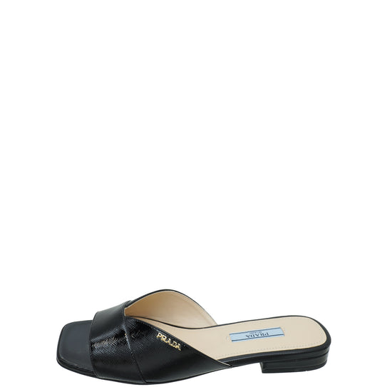 Prada Black Logo Vernice Slide Flat Sandal 36