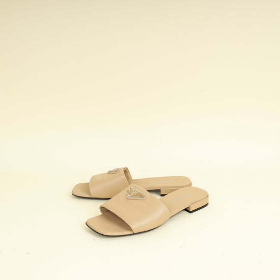 Prada Beige Logo Slide Flat Sandal 38