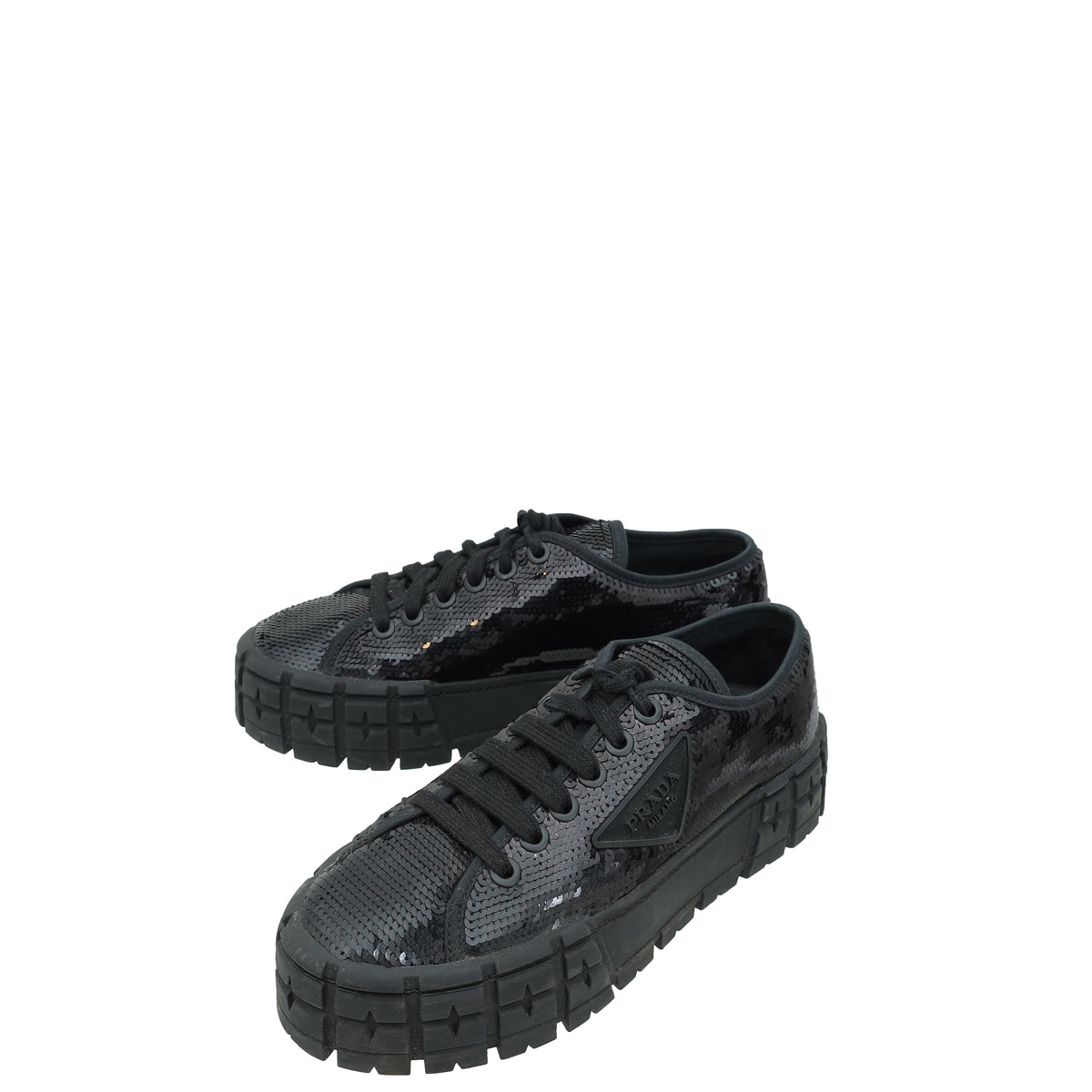 Prada Black Logo Sequins Double Wheel Platform Sneakers 39-Prada-THE CLOSET