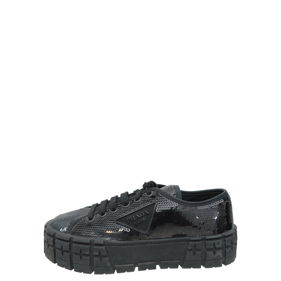 Prada Black Logo Sequins Double Wheel Platform Sneakers 39