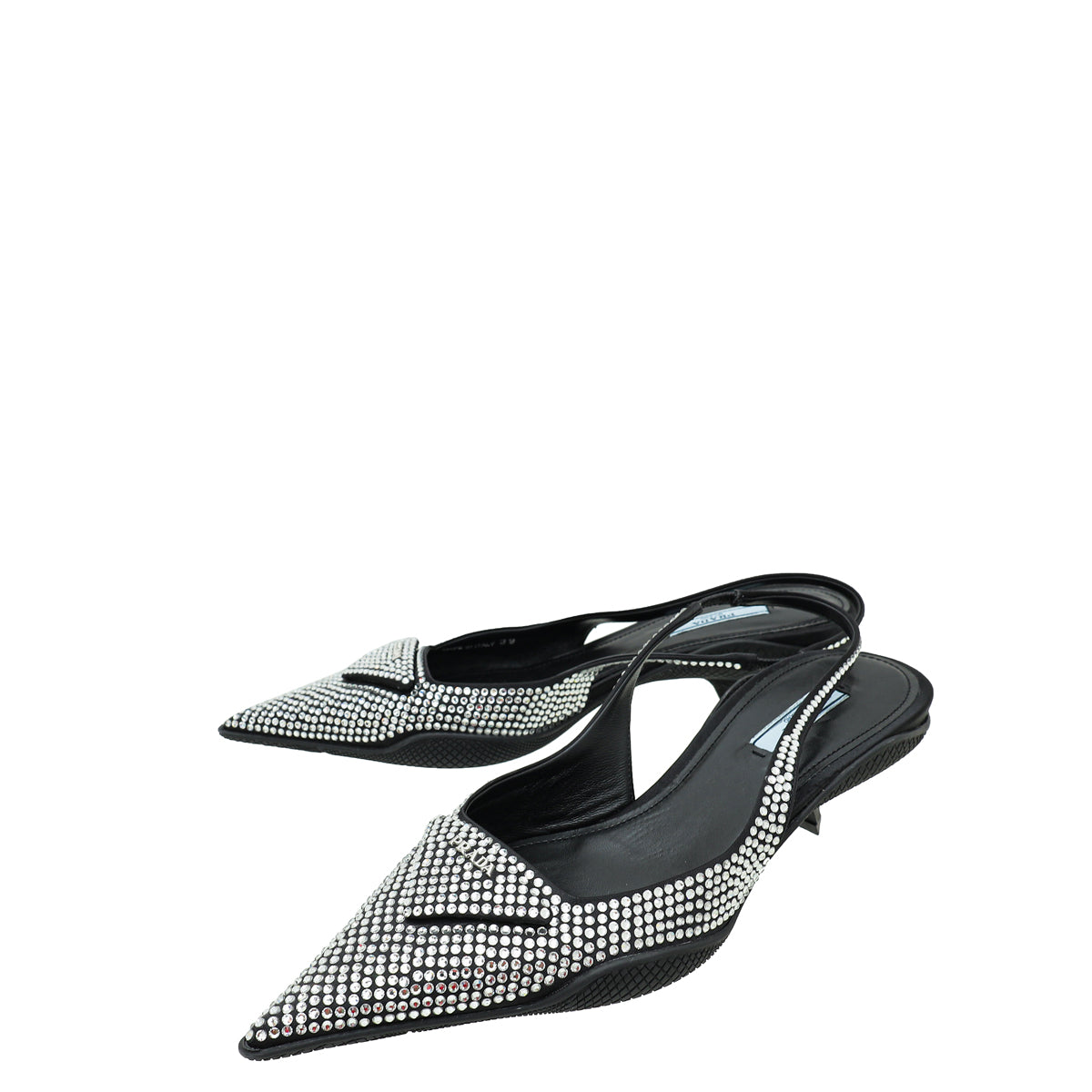 Prada Black Logo Satin Crystal Slingback Pump 39-Prada-THE CLOSET