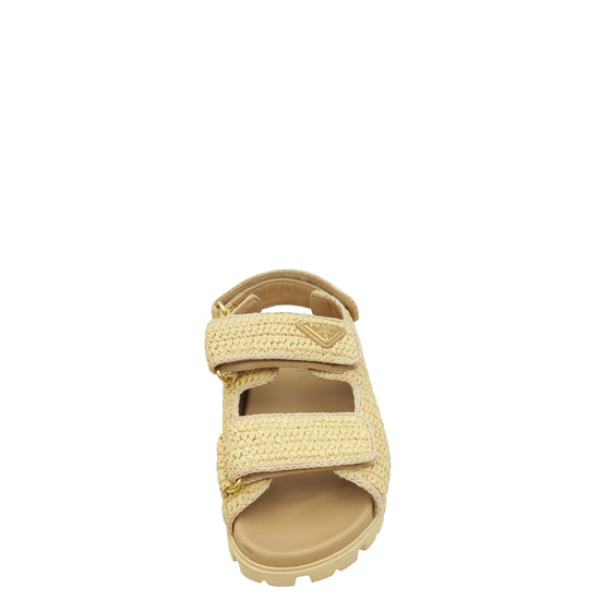 Prada Beige Logo Crochet Raffia Sandals 39