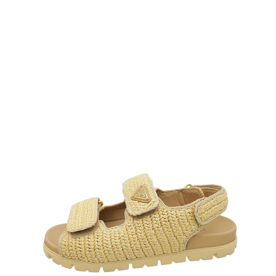 Prada Beige Logo Crochet Raffia Sandals 39