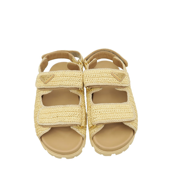 Prada Beige Logo Crochet Raffia Sandals 39