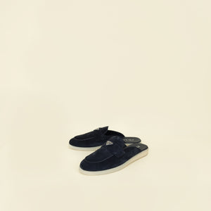 Prada Indigo Blue Logo Suede Mules 9.5