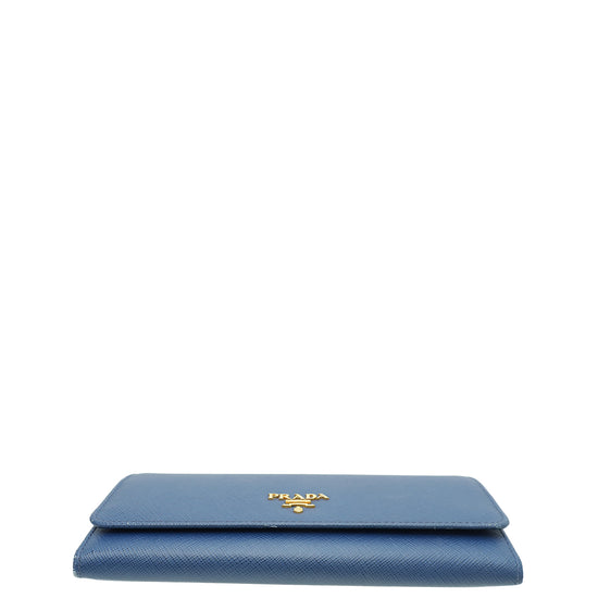 Prada Blue Metal Continental Wallet W/ Removable Card Holder