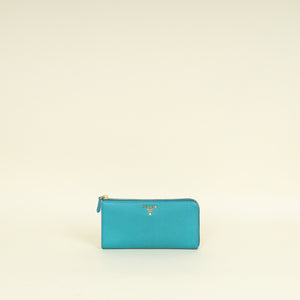 Prada Turquoise Vitello Daino Half Zip Wallet