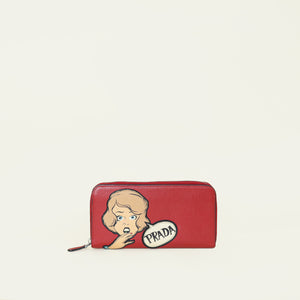 Prada Red Zip Around Comic Logo Wallet
