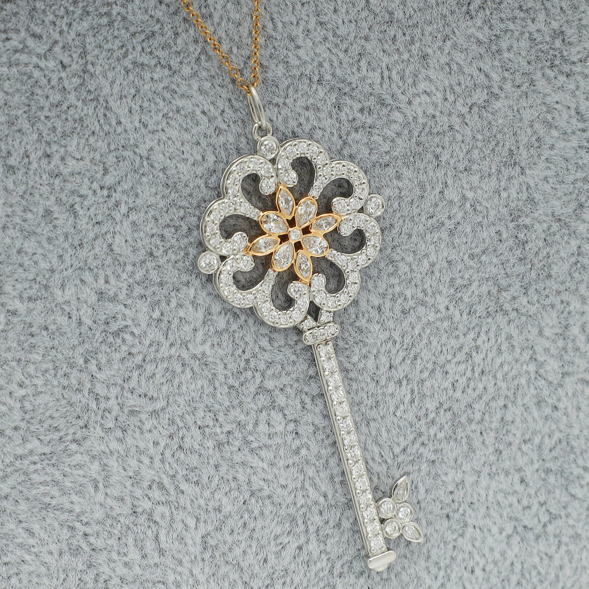 Tiffany & Co 18K Pink Gold Platinum Enchant Primrose Key Diamond Pendant Necklace-Tiffany & Co-THE CLOSET