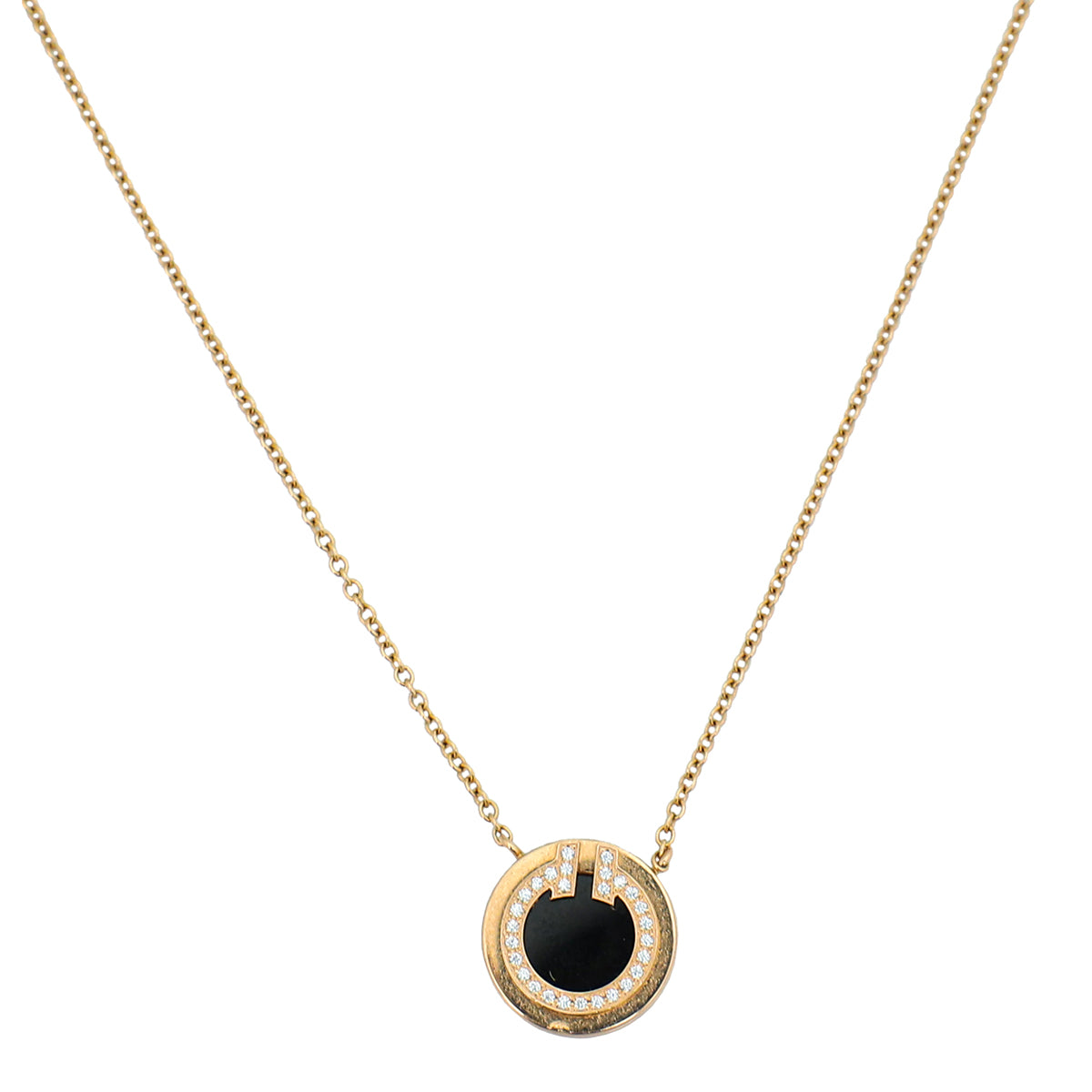 Tiffany & Co 18K Pink Gold Diamond Onyx Small Motif T Circle Pendant Necklace-Tiffany & Co-THE CLOSET