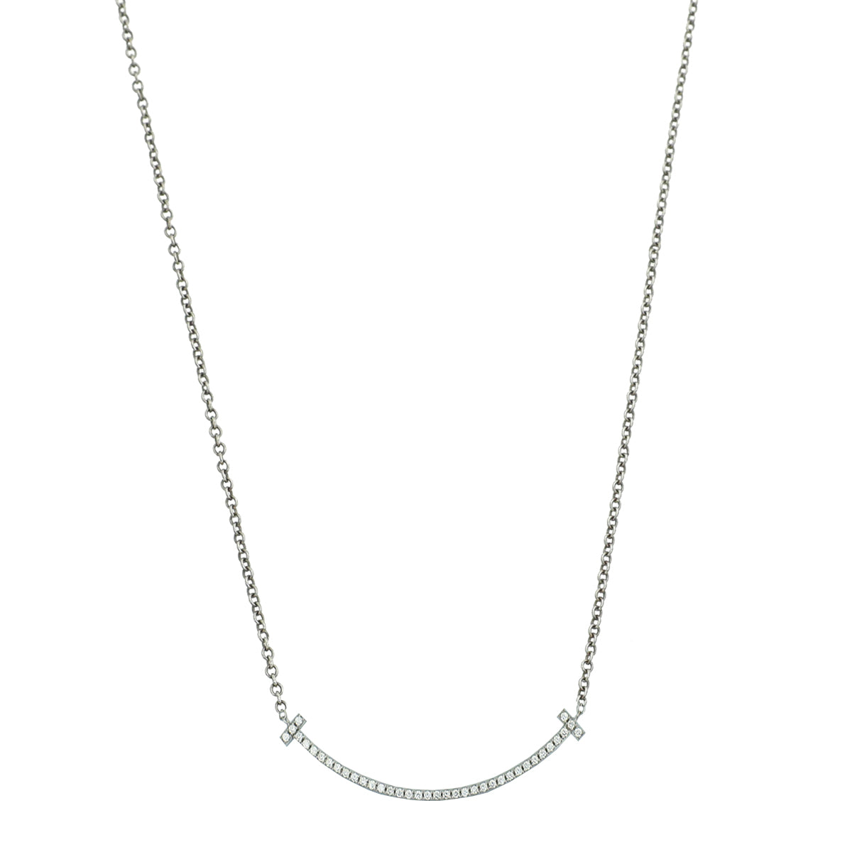 Tiffany & Co 18K White Gold Diamond T Smile Small Motif Pendant Necklace
