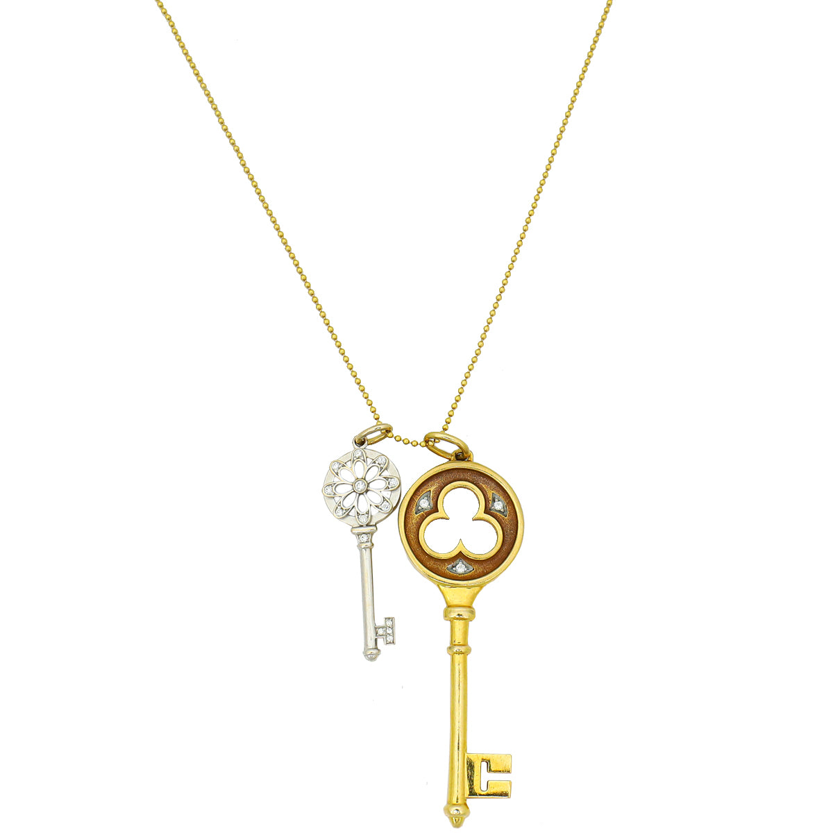 Tiffany & Co Yellow Gold Clover Key & Floral Key Pendant W/ Beaded Chain Necklace-Tiffany & Co-THE CLOSET
