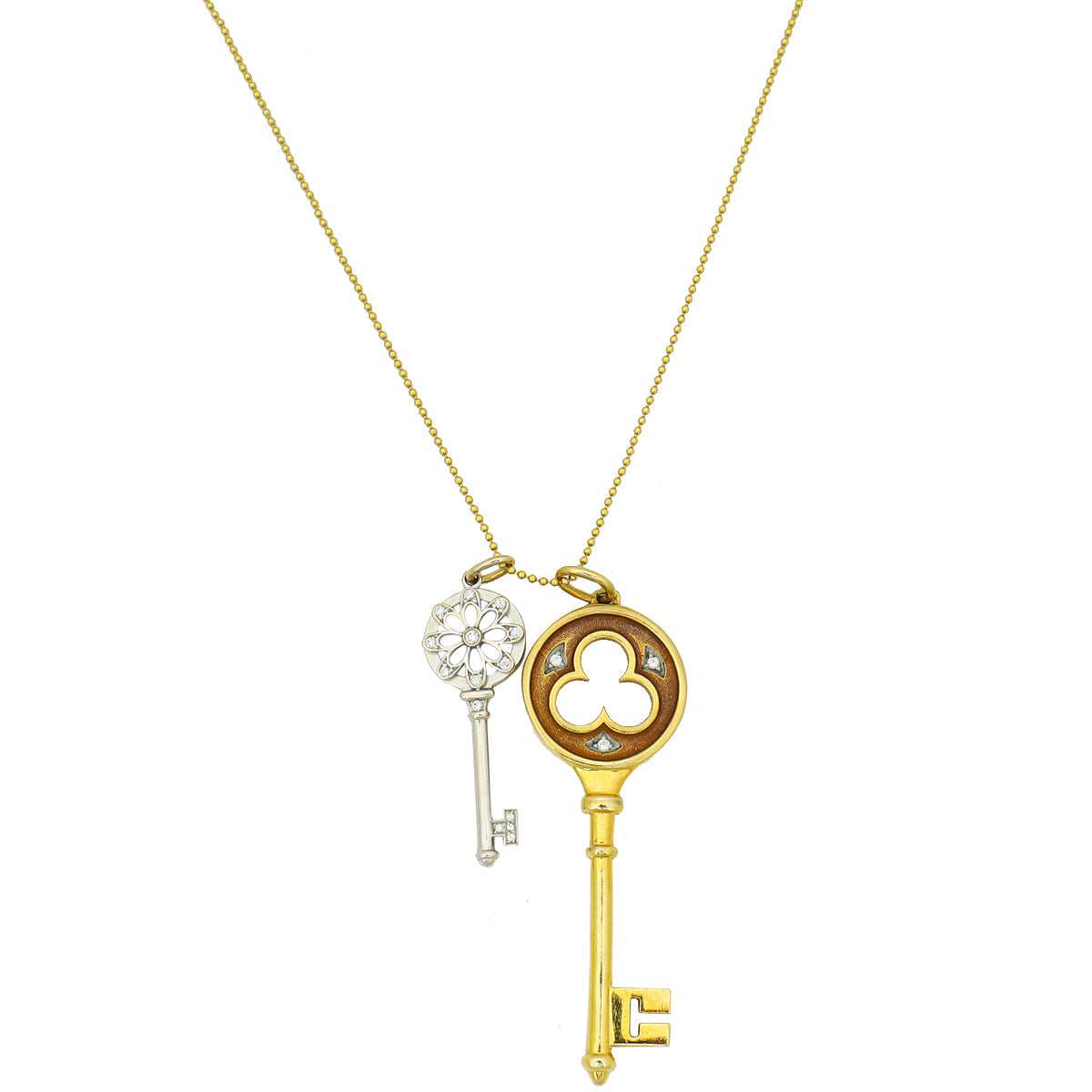 Tiffany & Co Yellow Gold Clover Key & Floral Key Pendant W/ Beaded Chain Necklace