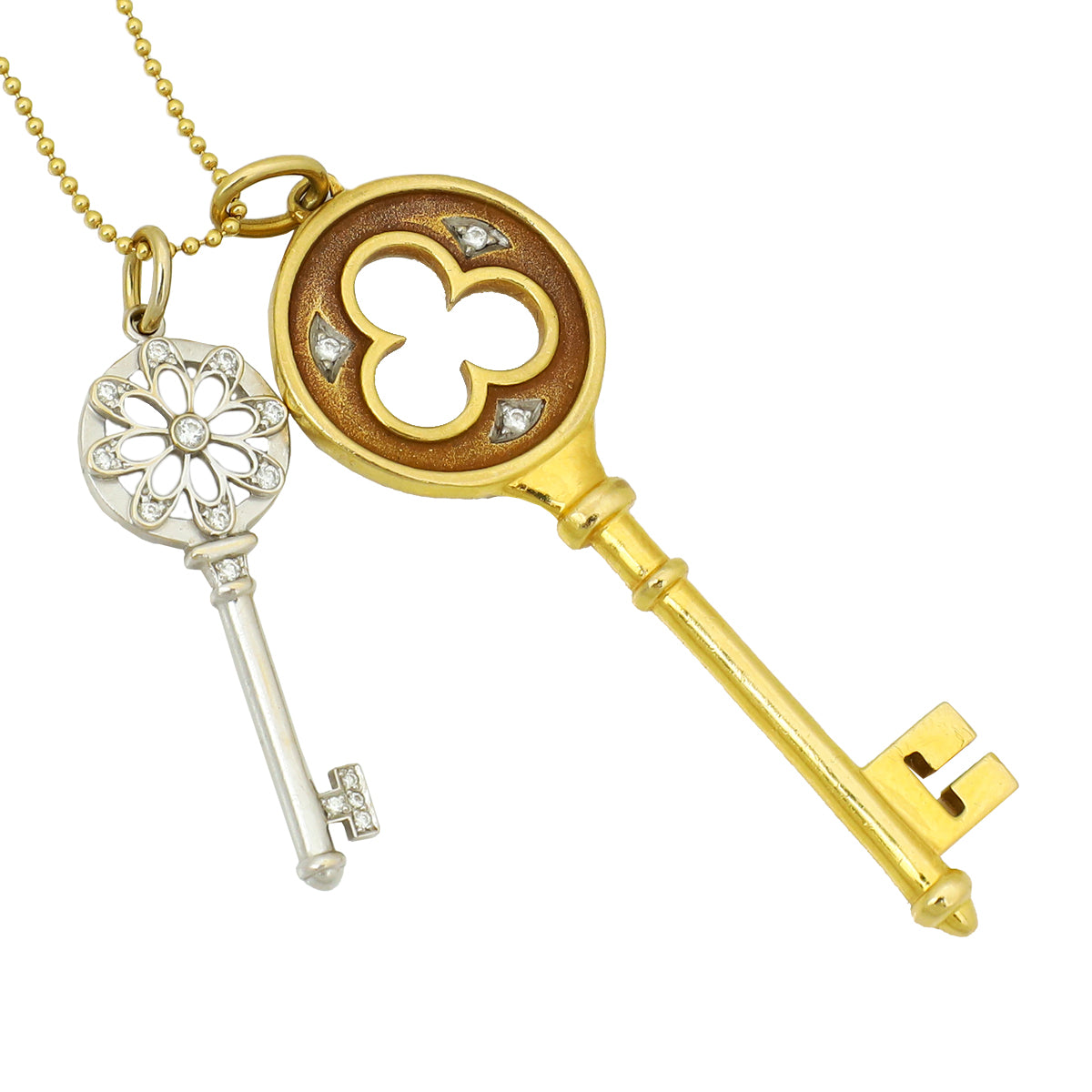 Tiffany & Co Yellow Gold Clover Key & Floral Key Pendant W/ Beaded Chain Necklace