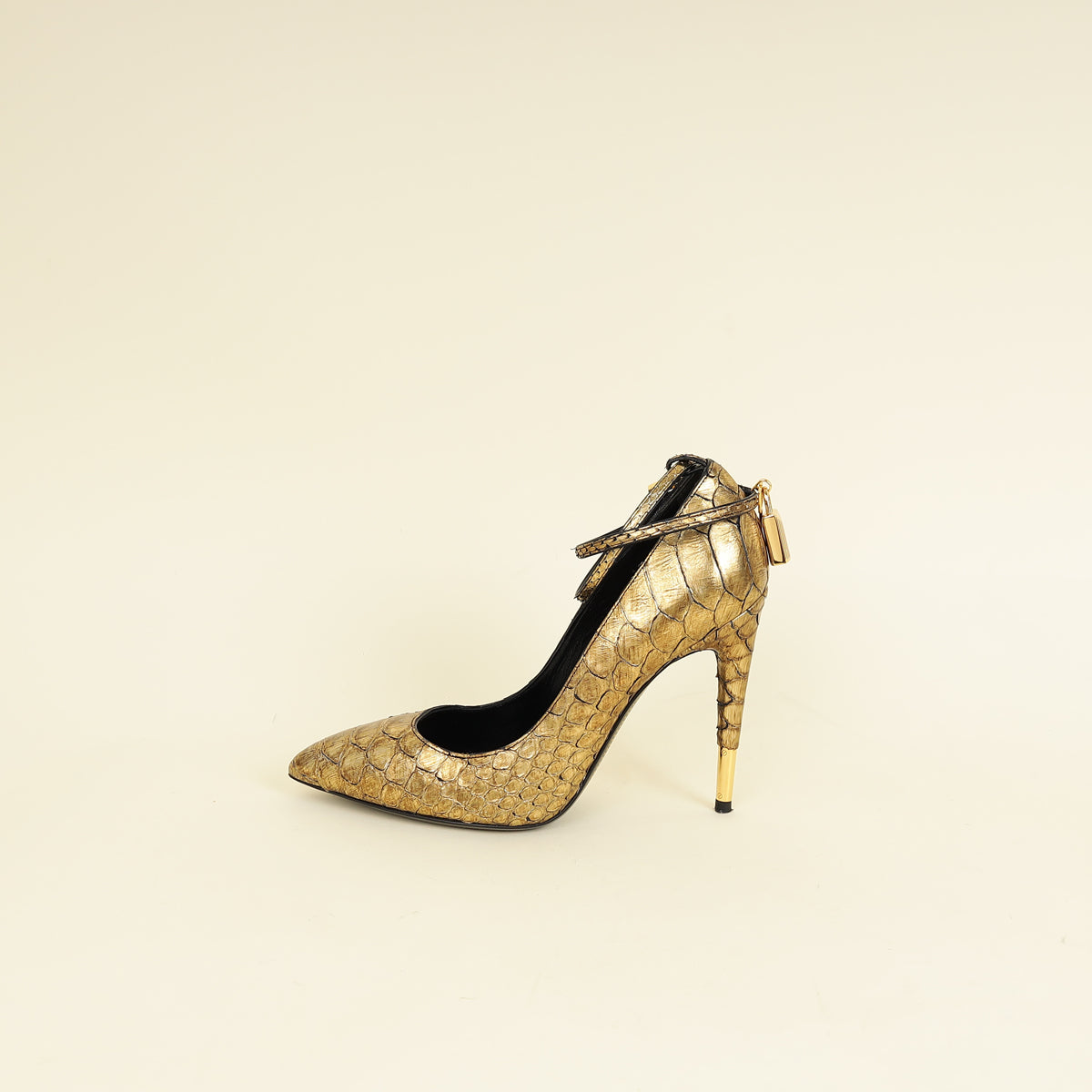 Tom Ford Gold Python Padlock Ankle Wrap Pumps 37.5-Tom Ford-THE CLOSET