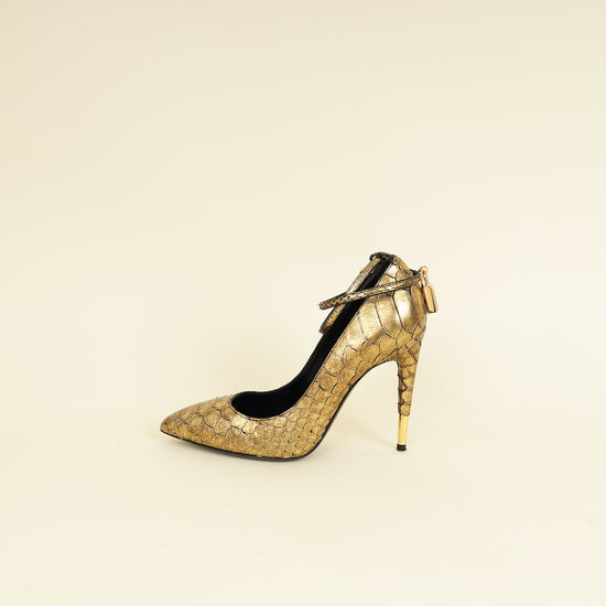 Tom Ford Gold Python Padlock Ankle Wrap Pumps 37.5-Tom Ford-THE CLOSET