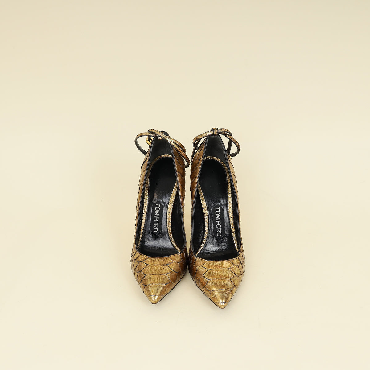 Tom Ford Gold Python Padlock Ankle Wrap Pumps 37.5-Tom Ford-THE CLOSET