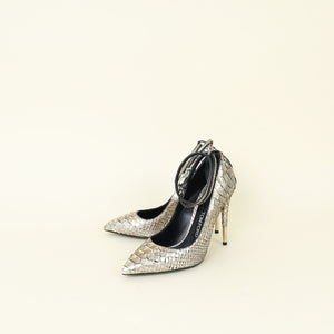 Tom Ford Metallic Silver Python Padlock Ankle Wrap Pumps 38