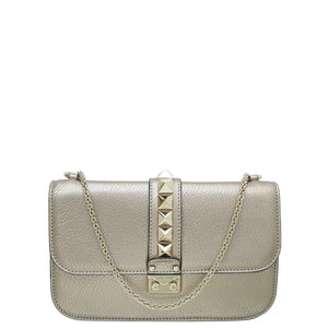 Valentino Metallic Champagne Rockstud Glam Lock Medium Flap Bag