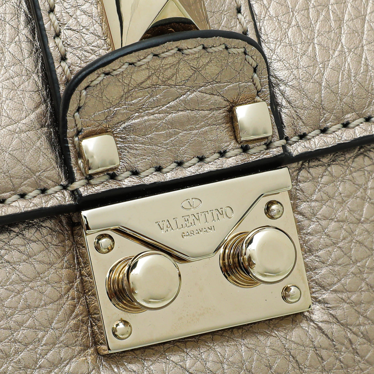 Valentino Metallic Champagne Rockstud Glam Lock Medium Flap Bag