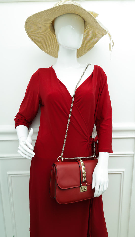 Valentino Red Glam Lock Medium Shoulder Bag