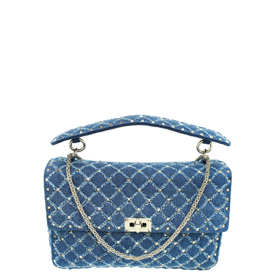 Valentino Blue Spike Rockstud Denim Chain Large Shoulder Bag