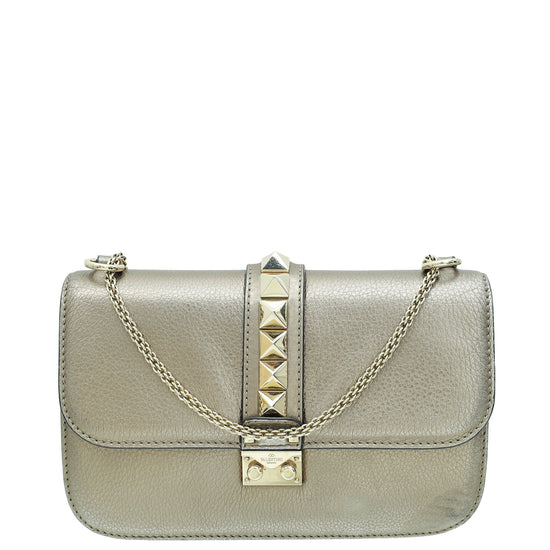 Valentino Metallic Grey Glam Lock Medium Shoulder Bag