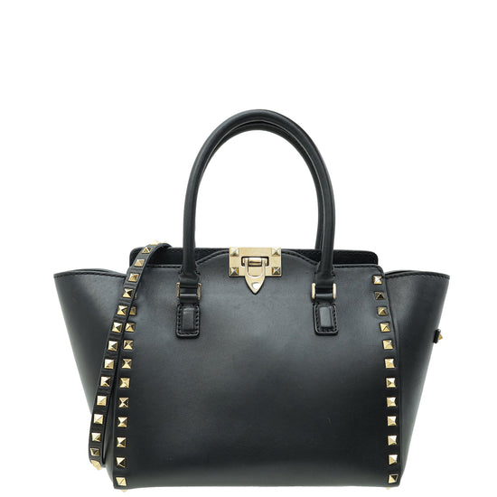 Valentino Black Vitello Rockstud Double Handle Small Tote Bag