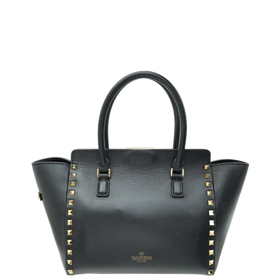 Valentino Black Vitello Rockstud Double Handle Small Tote Bag