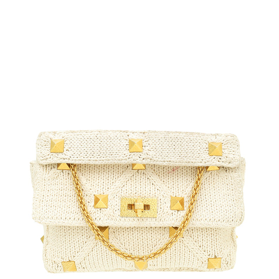 Valentino Ecru Knitted Roman Stud Large Shoulder Bag