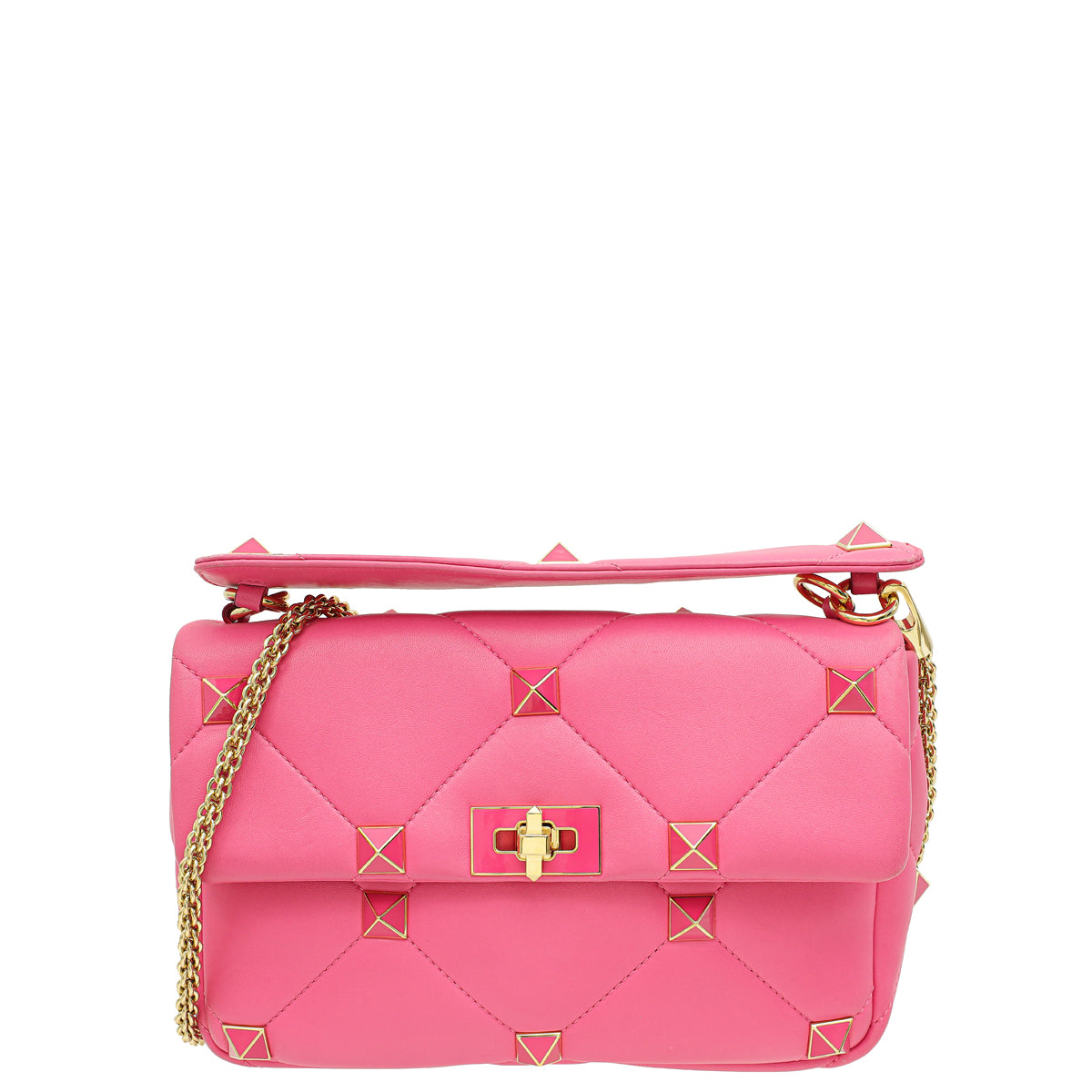 Valentino Pink Nappa with Chain Roman Stud Large Shoulder Bag