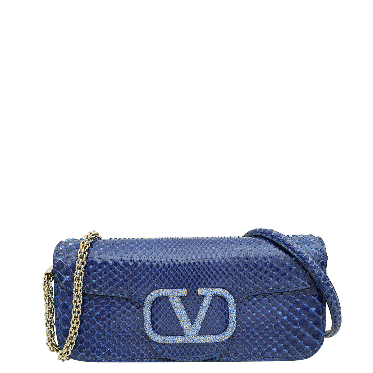 Valentino Blue V Logo Python Middle East Exclusive Plaque Chain Linked Clutch Bag