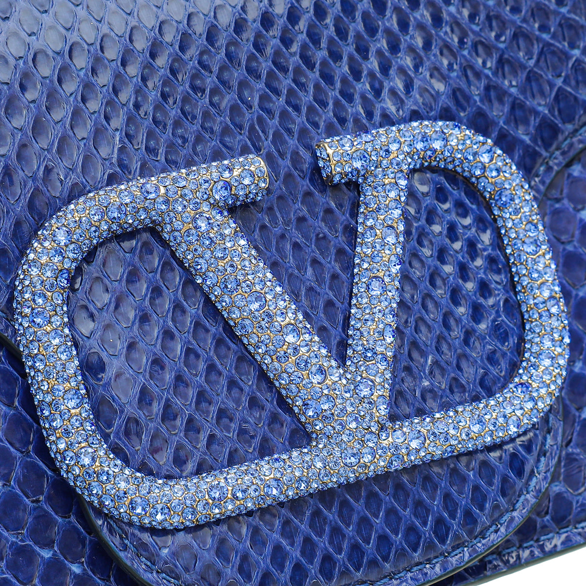 Valentino Blue V Logo Python Middle East Exclusive Plaque Chain Linked Clutch Bag