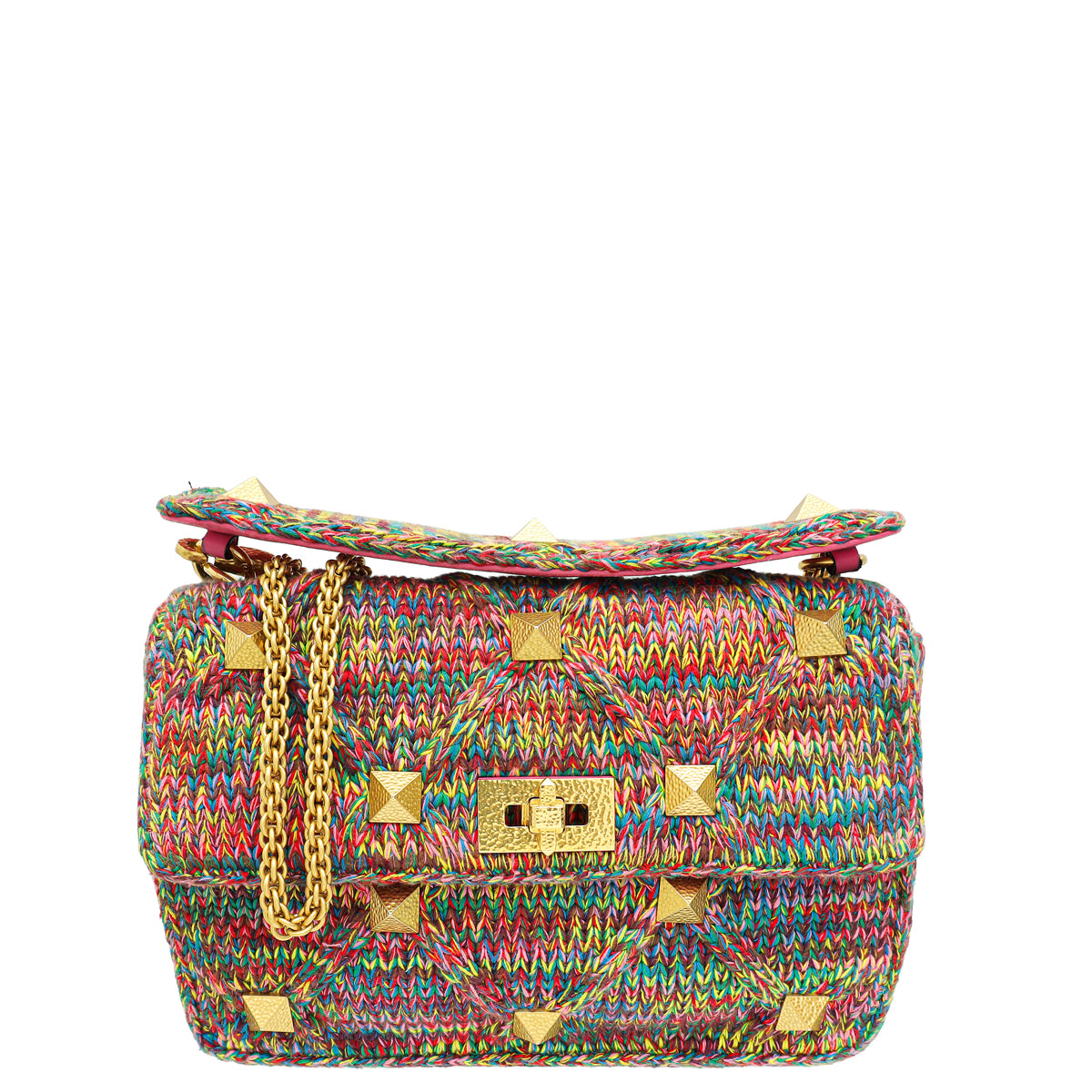 Valentino Pink Multicolor Woven Cotton Roman Stud Large The Shoulder Bag-Valentino-THE CLOSET