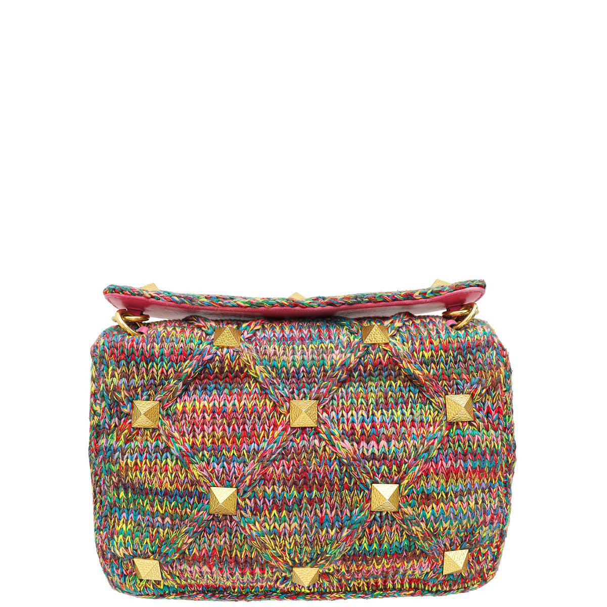 Valentino Pink Multicolor Woven Cotton Roman Stud Large The Shoulder Bag-Valentino-THE CLOSET