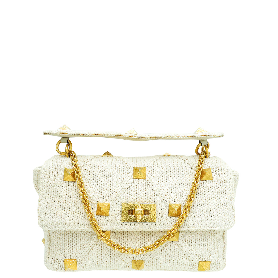 Valentino Ecru Roman Stud Knitted Shoulder Bag Large-Valentino-THE CLOSET