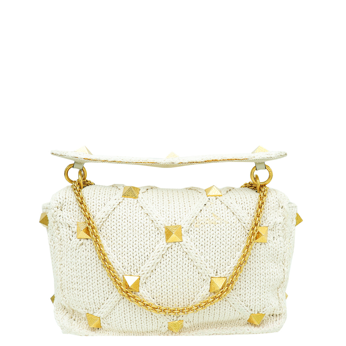Valentino Ecru Roman Stud Knitted Shoulder Bag Large-Valentino-THE CLOSET