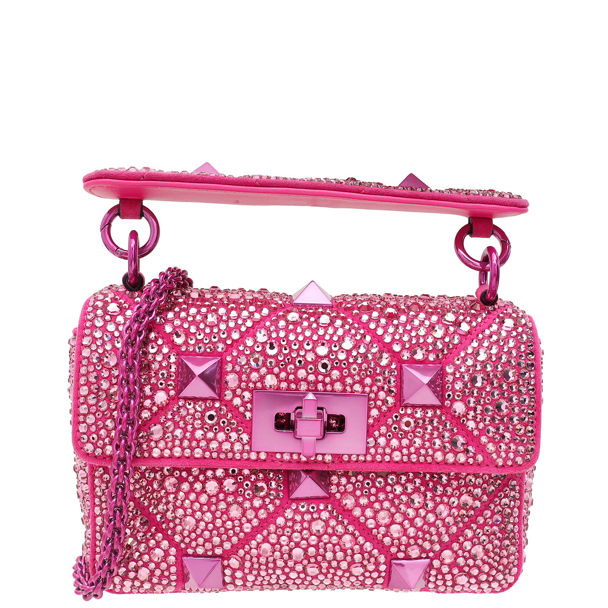 Valentino Hot Pink Small Roman The Stud Crystal Shoulder Bag-Valentino-THE CLOSET
