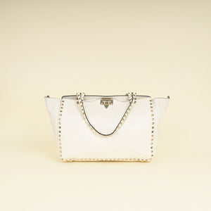 Valentino White Vitello Rockstud Tote Medium Bag