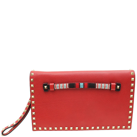 Valentino Red Beaded Rockstud Wristlet Clutch