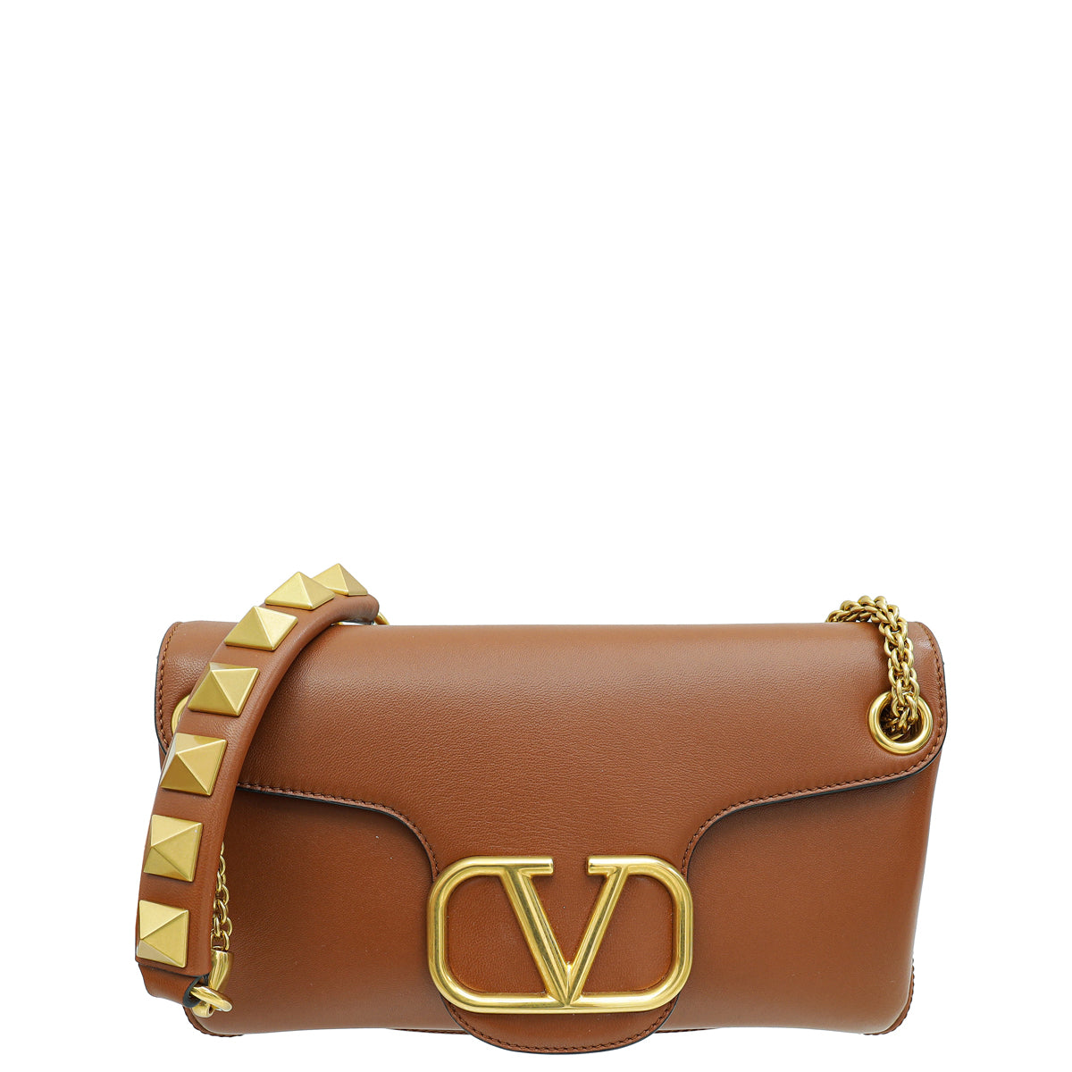 Valentino Brown Stud Sign Shoulder Bag-Valentino-THE CLOSET