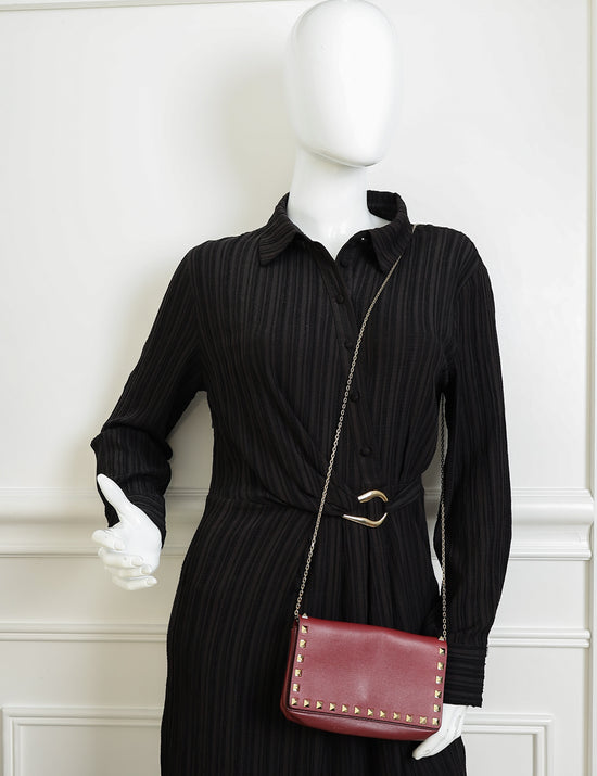Valentino Burgundy Studs Embellished Chain Clutch