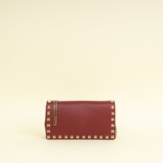Valentino Burgundy Studs Embellished Chain Clutch