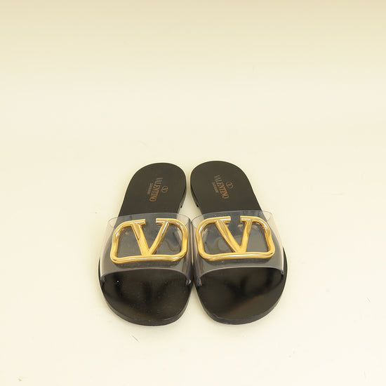 Valentino Black PVC Transparent VLogo Flat Slides 36